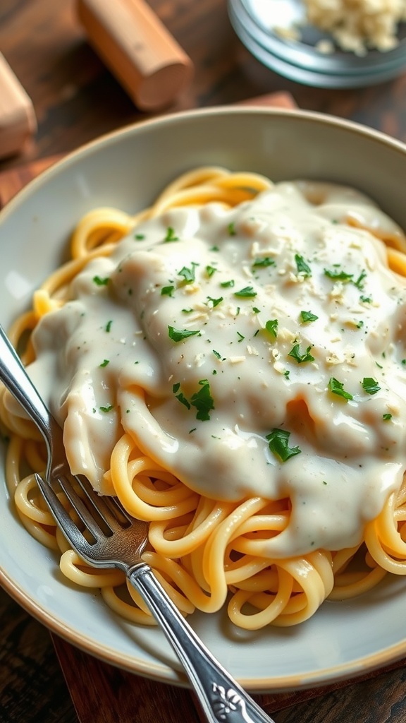 Creamy garlic Alfredo sauce over fettuccine pasta, garnished with Parmesan and parsley on a wooden table.